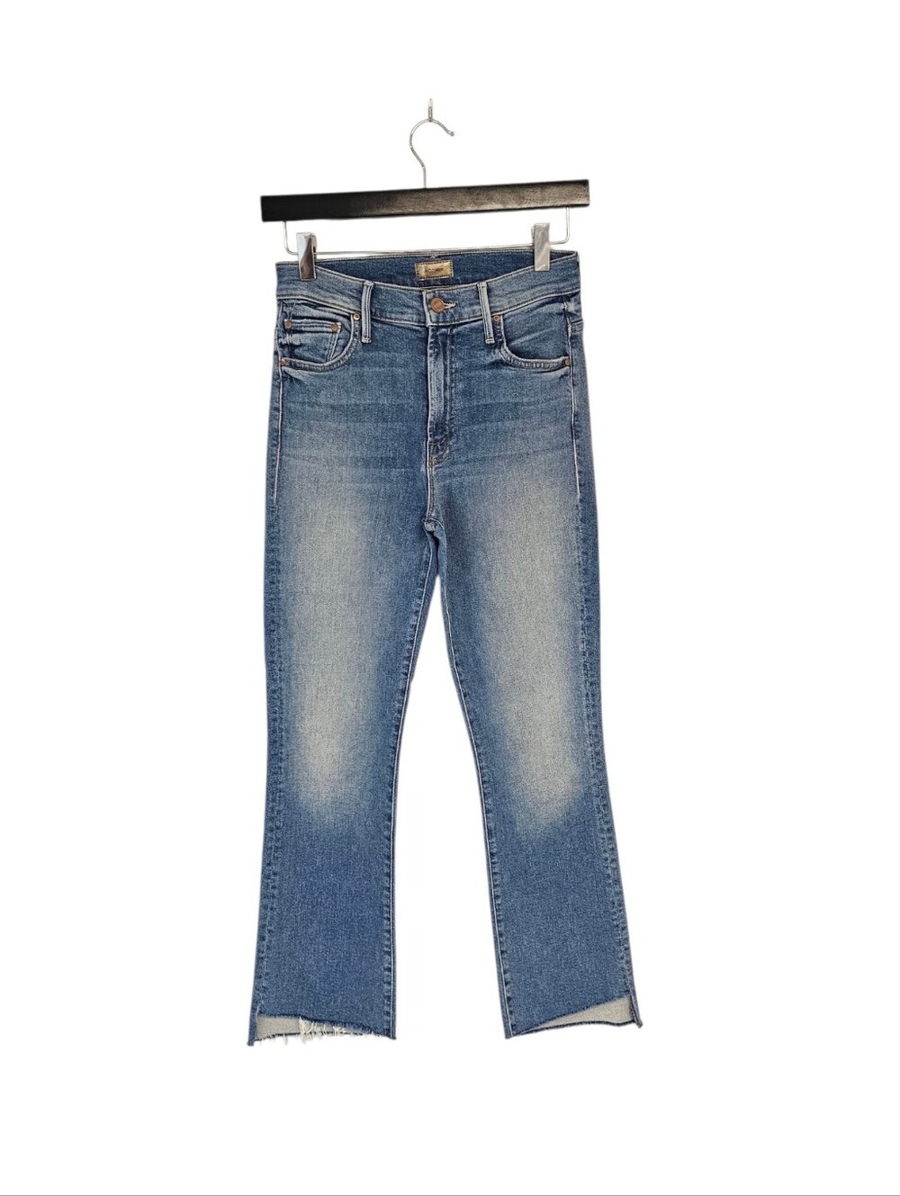MOTHER Insider Crop Step Fray High Straight Leg Blue Shoot To Thrill Jeans 25